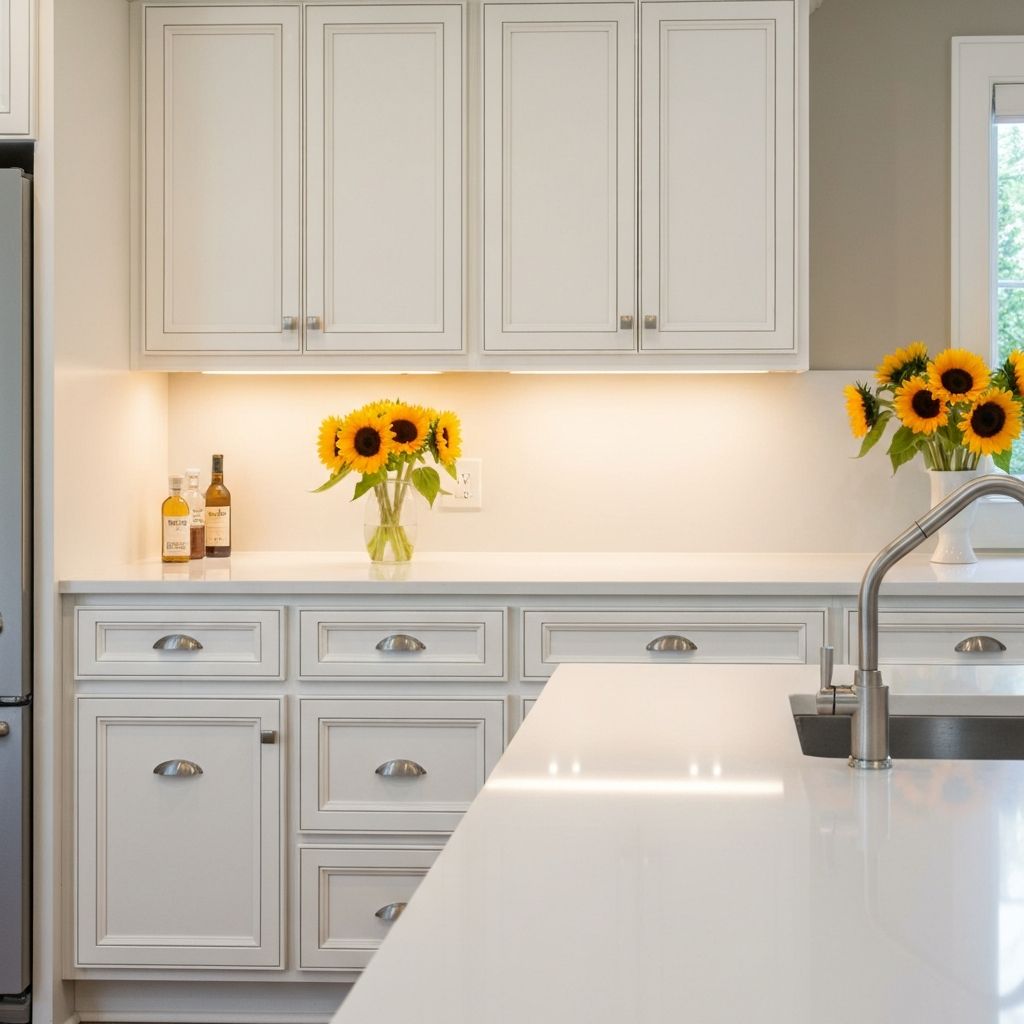 Elegant white kitchen with modern hardware and recessed lighting